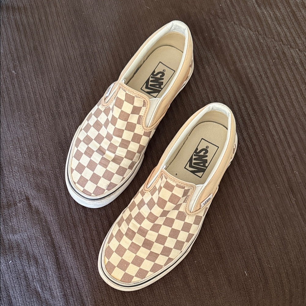 Vans Tan and Cream Checkered Slip-Ons